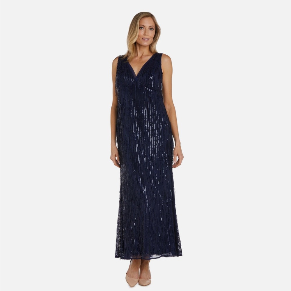 R&M Richards Sparkly Midnight Blue Long Fringe Formal Dress